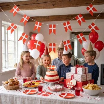 børn samlet omkring et fødselsdagsbord med lagkage og gaver, dekoreret med en klassisk Dannebrog flagguirlande