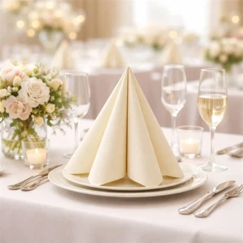 Elegant opdækket festbord med Sovie Linclass Airlaid serviet i creme foldet i pyramdeform på tallerken, omgivet af blomster, glas og stearinlys.