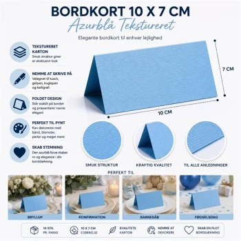 Bordkort 10x7 cm azurblå tekstureret 10 stk infografik med mål, struktur og anvendelsesmuligheder til bryllup, konfirmation, barnedåb og fødselsdag