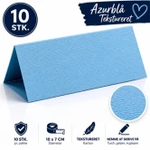Bordkort 10x7 cm azurblå tekstureret 10 stk med strukturdetalje og produktegenskaber vist i packshot infografik
