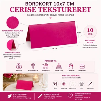 Bordkort 10x7 cm cerise tekstureret 10 stk infografik med mål, anvendelse og produktfordele