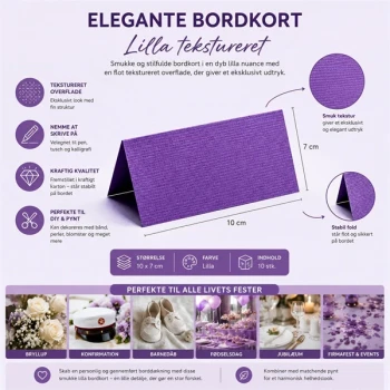 Infografik med lilla teksturerede bordkort 10x7 cm 10 stk til bryllup konfirmation barnedåb og fest