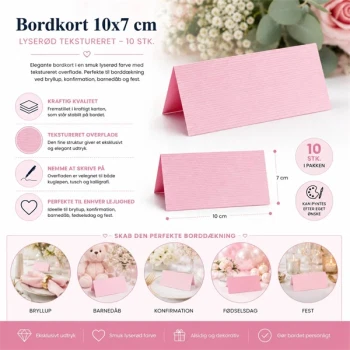 Infografik med bordkort 10x7 cm lyserød tekstureret 10 stk til bryllup konfirmation barnedåb og fest
