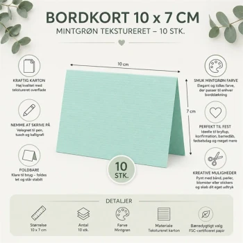 Infografik bordkort 10x7 cm mintgrøn tekstureret karton 10 stk med mål og produktfordele