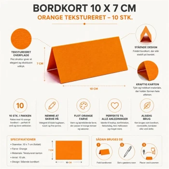 Infografik med orange tekstureret bordkort 10x7 cm og produktinformation om størrelse, materiale og anvendelse