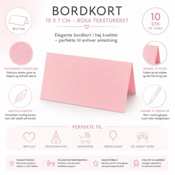 Infografik med rosa tekstureret bordkort 10x7 cm og produktfordele til bryllup konfirmation barnedåb og fest