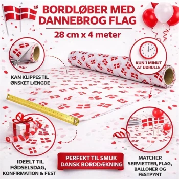 Bordløber med Dannebrog flag 28 cm x 4 meter – perfekt til dansk borddækning til fødselsdag, konfirmation og fest