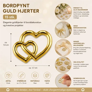 Infografik af bordpynt guld hjerter 15 stk. med mål, anvendelsesmuligheder og produktinformation til bryllup, konfirmation, barnedåb og fest.