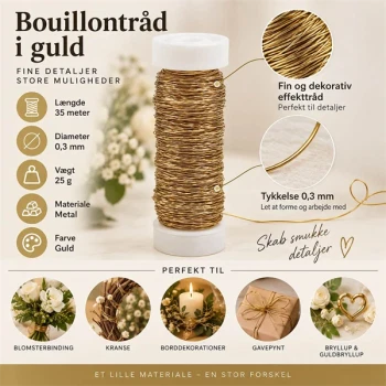 Bouillontråd guld 0,3 mm x 35 m – infografik til blomsterbinding og dekoration