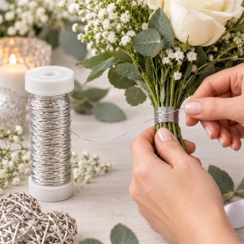 Bouillontråd sølv brugt til blomsterbinding af buket med hvide blomster