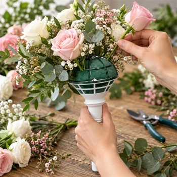 OASIS brudebuketholder med blomsterskum i brug til brudebuket med roser