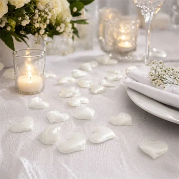 Små creme hvide stof hjerter brugt som romantisk bordpynt til bryllup og elegant festbord