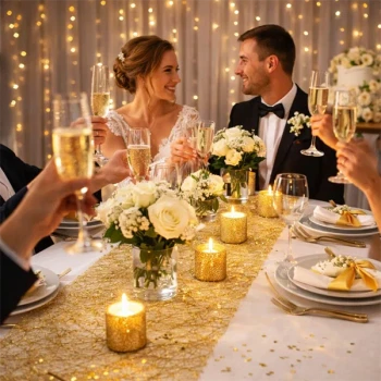 Bryllupsfest med elegant festbord pyntet med guldfarvet sizoweb bordløber, stearinlys og blomster