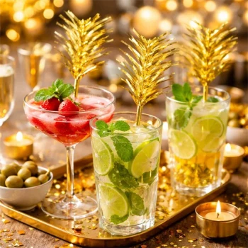 Cocktails pyntet med guld folie drinks pyntepinde på festligt bord med lys og snacks