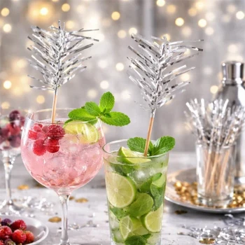 Cocktails med lime, bær og mynte pyntet med sølv folie drinks pyntepinde i festligt miljø