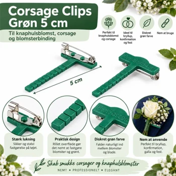 Corsage clips grøn 5 cm til knaphulsblomst, corsage og blomsterbinding