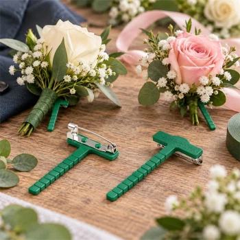 Grøn corsage clips 5 cm med knaphulsblomster til bryllup og blomsterbinding