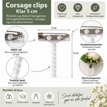 Corsage clips klar 5 cm – infografik med mål og anvendelse til knaphulsblomst og corsage