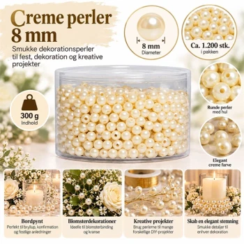 Creme perler 8 mm – 300 g ca. 1200 stk. til bordpynt og dekoration