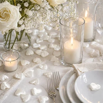 Creme stof hjerter som romantisk bryllup bordpynt med stearinlys, blomster og elegant borddækning