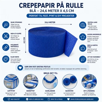 Crepepapir på rulle blå 24,6 meter x 4,5 cm – perfekt til festpynt, bordpynt og DIY projekter