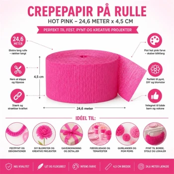 Crepepapir hot pink på rulle 24,6 meter x 4,5 cm – infografik med anvendelse til fest, pynt og DIY projekter