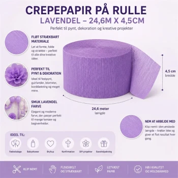Infografik af lavendel crepepapir på rulle 24,6m x 4,5cm med information om størrelse, fleksibilitet og anvendelse til festpynt