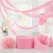 Lyserødt crepepapir brugt som loftspynt og festdekoration til baby shower, prinsessefest og fødselsdag