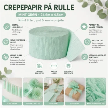 Infografik af crepepapir rulle mint grøn 24,6 meter x 4,5 cm til fest, pynt og DIY projekter