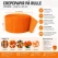 Infografik af orange crepepapir på rulle 24,6 meter x 4,5 cm med produktdetaljer og anvendelsesmuligheder til festpynt og DIY