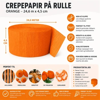 Infografik af orange crepepapir på rulle 24,6 meter x 4,5 cm med produktdetaljer og anvendelsesmuligheder til festpynt og DIY