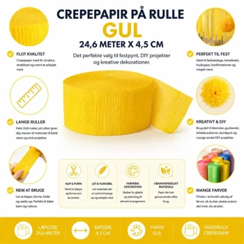 Crepepapir på rulle gul 24,6 meter x 4,5 cm til festpynt, DIY projekter og kreative dekorationer