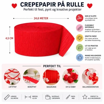 Crepepapir på rulle rød 24,6 meter til festpynt, bordpynt, DIY hobby og ballondekoration