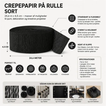 Crepepapir på rulle sort 24,6m x 4,5cm infografik til festpynt, dekoration og DIY projekter