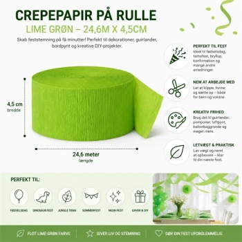 Crepepapir på rulle lime grøn 24,6 meter x 4,5 cm infografik til festpynt og DIY dekorationer