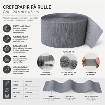 Crepepapir på rulle grå 24,6 meter x 4,5 cm infografik med mål og anvendelse