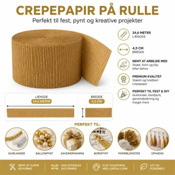 Crepepapir på rulle guld 24,6 meter og 4,5 cm bredde infografik til fest pynt
