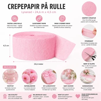 Crepepapir på rulle lyserød 24,6 meter x 4,5 cm infografik til festpynt, DIY projekter og baby shower