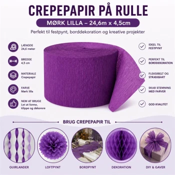 Crepepapir på rulle mørk lilla 24,6m x 4,5cm til festpynt, borddekoration og DIY projekter