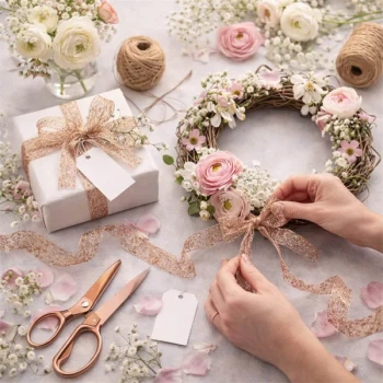 Kreativ dekoration med Crispy Deluxe kobberbånd brugt til gaveindpakning og blomsterkrans