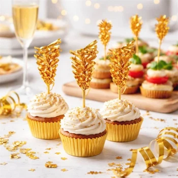 Cupcakes med hvid frosting pyntet med guld folie pyntesticks på festligt dessertbord