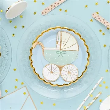 Servietter Barnevogn lyseblå/guld, 20 stk. barnedåb og babyshower