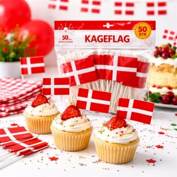 Dannebrog kageflag 50 stk på cupcakes og lagkage til fødselsdag med små danske flag  👉 Kort variant: