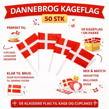 Dannebrog kageflag 50 stk infografik med små danske flag til kage cupcakes og fødselsdag