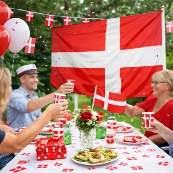 Dannebrogsflag 90x150 cm til fødselsdag i have med dansk fest og borddækning