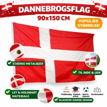 Dannebrogsflag 90x150 cm infografik med stærke metaløjer og holdbart materiale til fest og dekoration