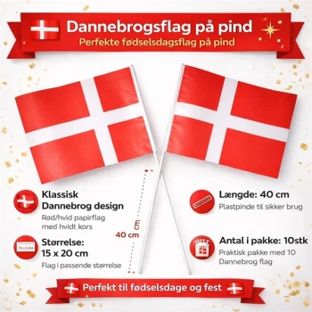 Infografik af Dannebrogsflag på pind 40 cm 10 stk – fødselsdagsflag med mål, størrelse og produktinformation