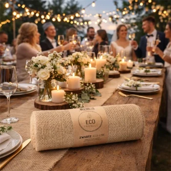 Decojute bordløber i beige jute på pyntet festbord med blomster, stearinlys og rustik borddækning