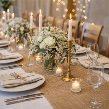 Pyntet festbord med Decojute bordløber i natur, hvide blomster og levende lys til bryllup og fest