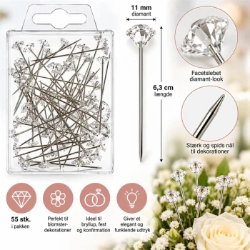 Dekorationsnål med klar diamant 11 mm, 6,3 cm lang – 55 stk.